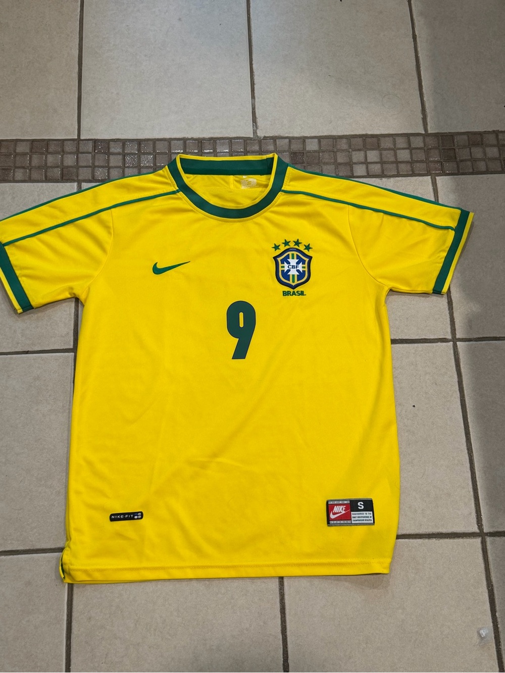 Nike Yellow Brazil ronaldo retro Soccer Jersey with Green Trim and #9